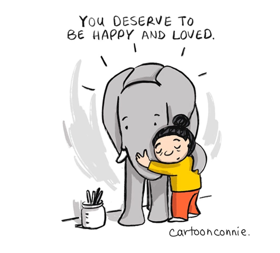 Panel 3 of a 3-panel motivational comic strip illustrating the power of doing more of what brings you joy, like making art. Titled "Elephant Joy," 2026. Original art by Connie Sun