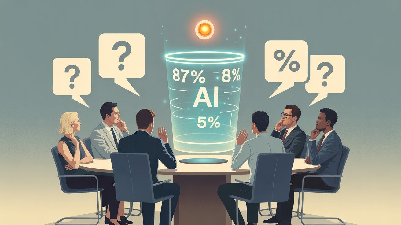 Professional diverse business team sitting around a modern conference table, frozen in indecision, staring at a glowing holographic AI dashboard displaying ambiguous percentage metrics (87%, 8%, 5%). 