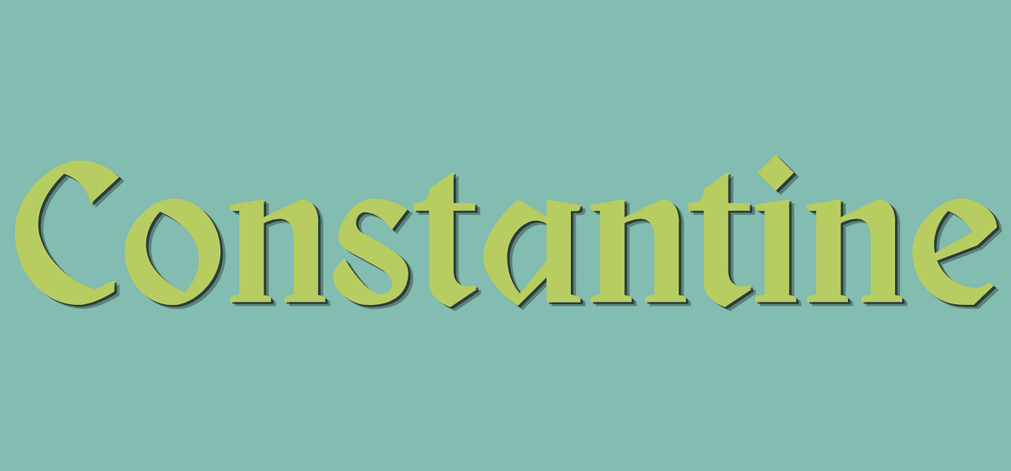Constantine, written in green text on a light blue background