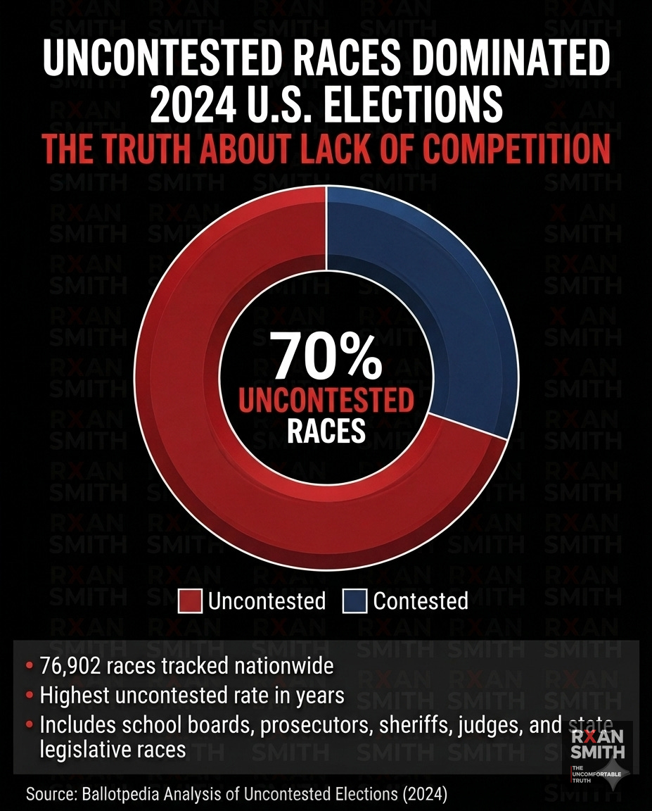 Donut chart infographic showing approximately 70% of U.S. races in 2024 categorized as uncontested and 30% contested, based on Ballotpedia election data