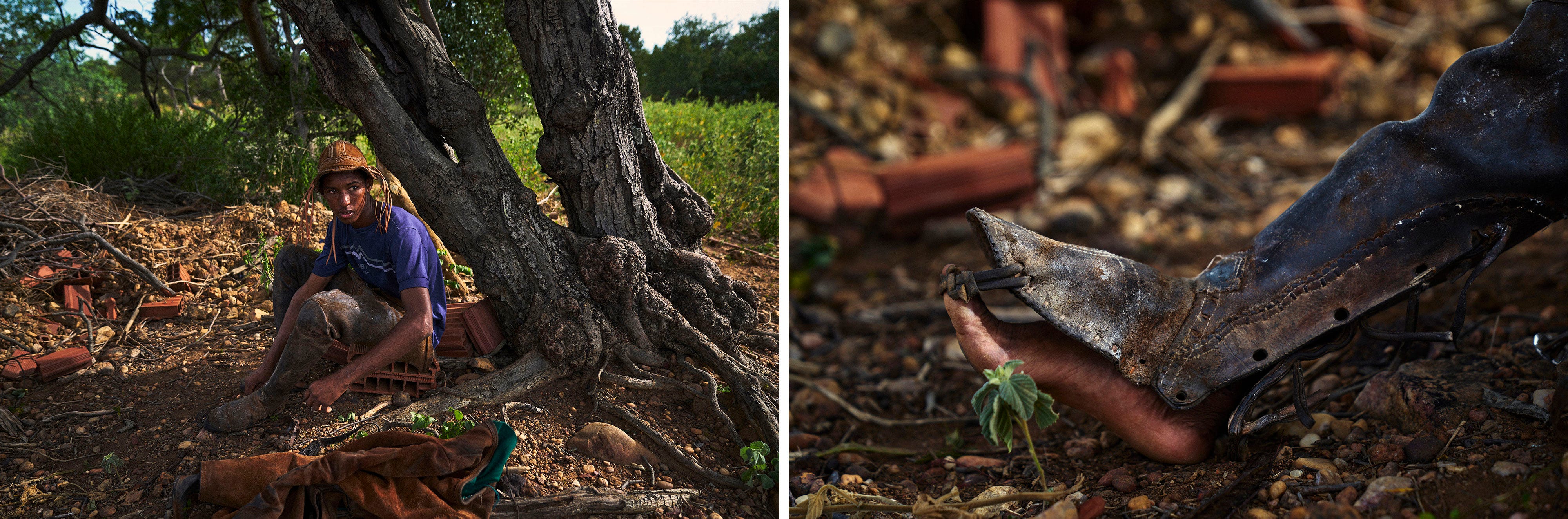 A man in a hat sits on the ground by a tree with scattered branches. The second image shows a close-up of his  foot in a boot