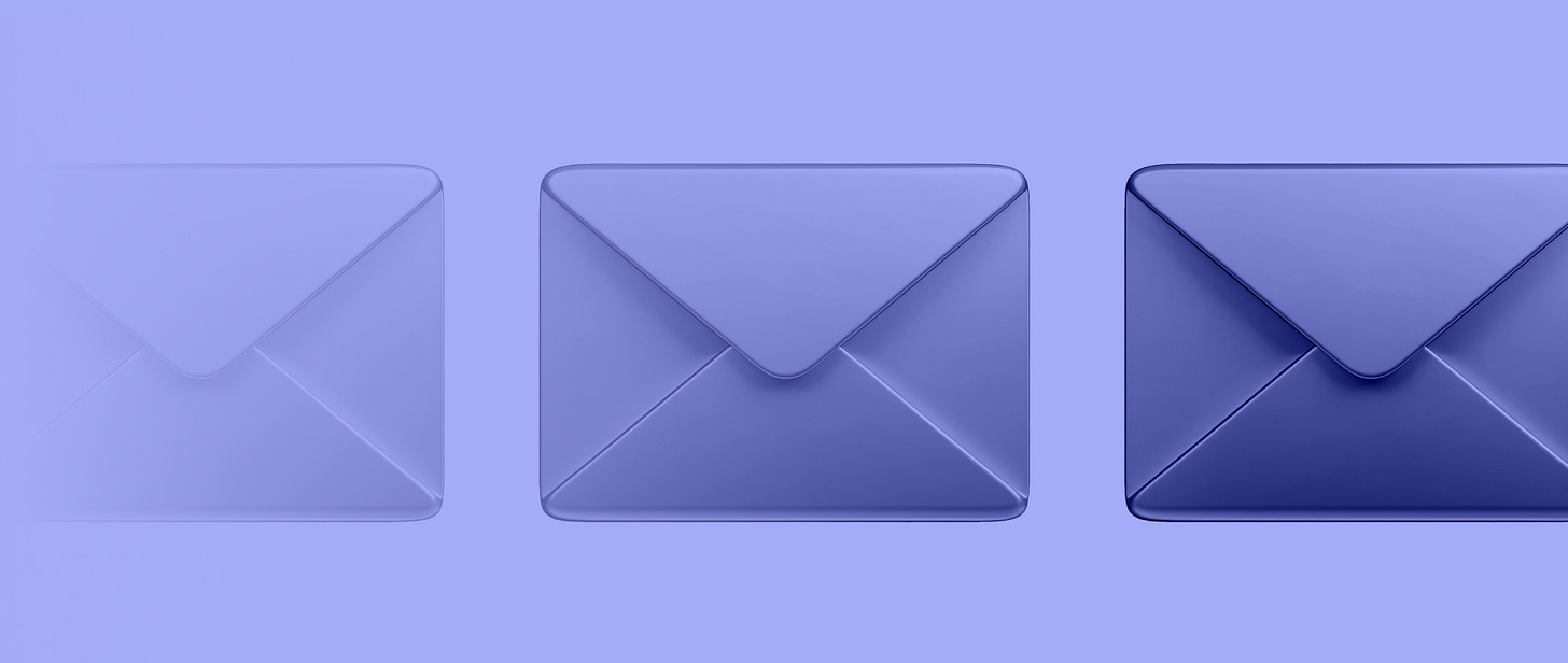 Three envelopes next to each other becoming less transparent from left to right on a purple background: types of emails.