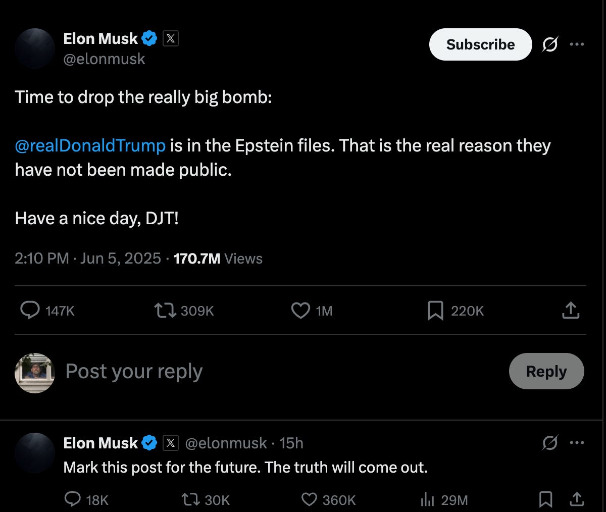 Time to drop the really big bomb:  @realDonaldTrump  is in the Epstein files. That is the real reason they have not been made public.  Have a nice day, DJT! Mark this post for the future. The truth will come out.