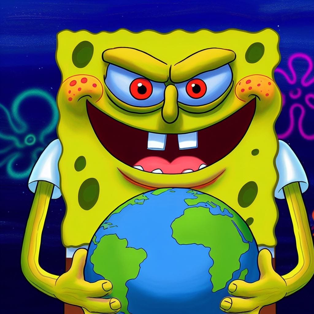“evil spongebob holding the whole world in his hands and smiling” / Bing Image Creator