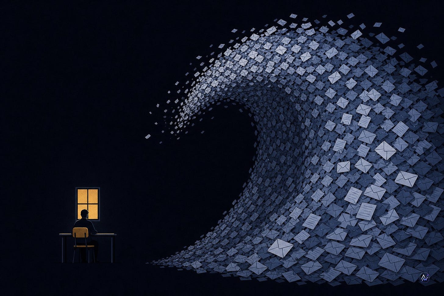 A person sits alone at a desk facing one small lit window while a colossal wave made of envelopes curls toward it. A person sits alone at a desk facing one small lit window while a colossal wave made of envelopes curls toward it.