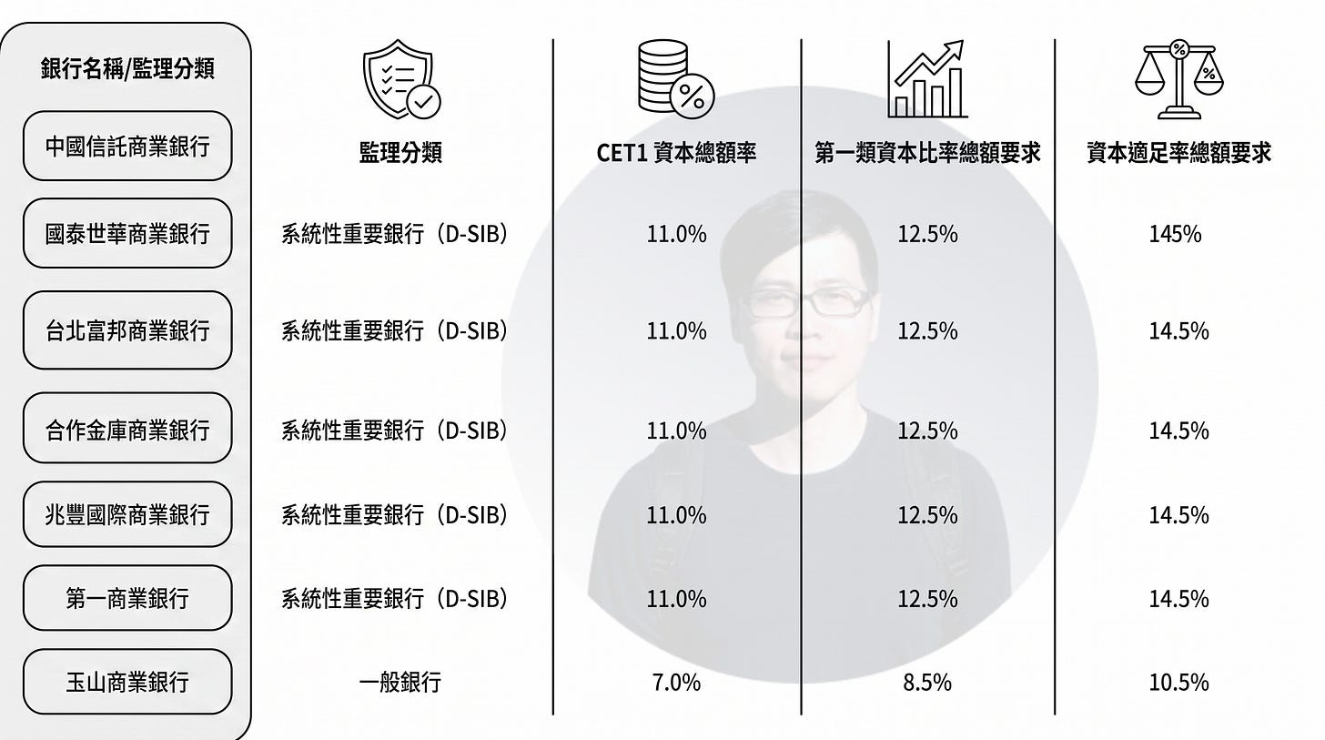 台灣銀行資本適足率比較圖,整理系統性重要銀行(D-SIB)與一般銀行的最低資本監理要求,包括普通股權益第一類資本(CET1)總額率、第一類資本比率及資本適足率(CAR)。圖中顯示,中國信託、國泰世華、台北富邦、合作金庫、兆豐銀行與第一銀行等 D-SIB 須維持 CET1 11%、第一類資本比率 12.5%、資本適足率 14.5%,相較一般銀行的 7%、8.5% 與 10.5% 明顯更高,反映金管會對系統性重要銀行的額外資本緩衝要求與金融穩定監理政策。 台灣銀行資本適足率比較圖,整理系統性重要銀行(D-SIB)與一般銀行的最低資本監理要求,包括普通股權益第一類資本(CET1)總額率、第一類資本比率及資本適足率(CAR)。圖中顯示,中國信託、國泰世華、台北富邦、合作金庫、兆豐銀行與第一銀行等 D-SIB 須維持 CET1 11%、第一類資本比率 12.5%、資本適足率 14.5%,相較一般銀行的 7%、8.5% 與 10.5% 明顯更高,反映金管會對系統性重要銀行的額外資本緩衝要求與金融穩定監理政策。