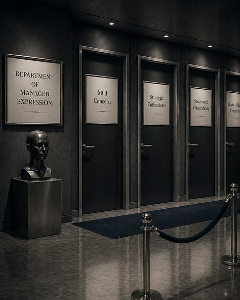 A nine-image satirical visual essay showing sleek, dark corporate and institutional interiors where signs instruct people to standardize their thoughts, revise themselves before speaking, submit unformatted thoughts, filter their tone, pre-approve authenticity, and keep grief within acceptable dimensions. The images use polished counters, velvet ropes, kiosks, chapel-like rooms, waiting areas, and bureaucratic signage to portray emotional and creative expression being managed, reviewed, and controlled.