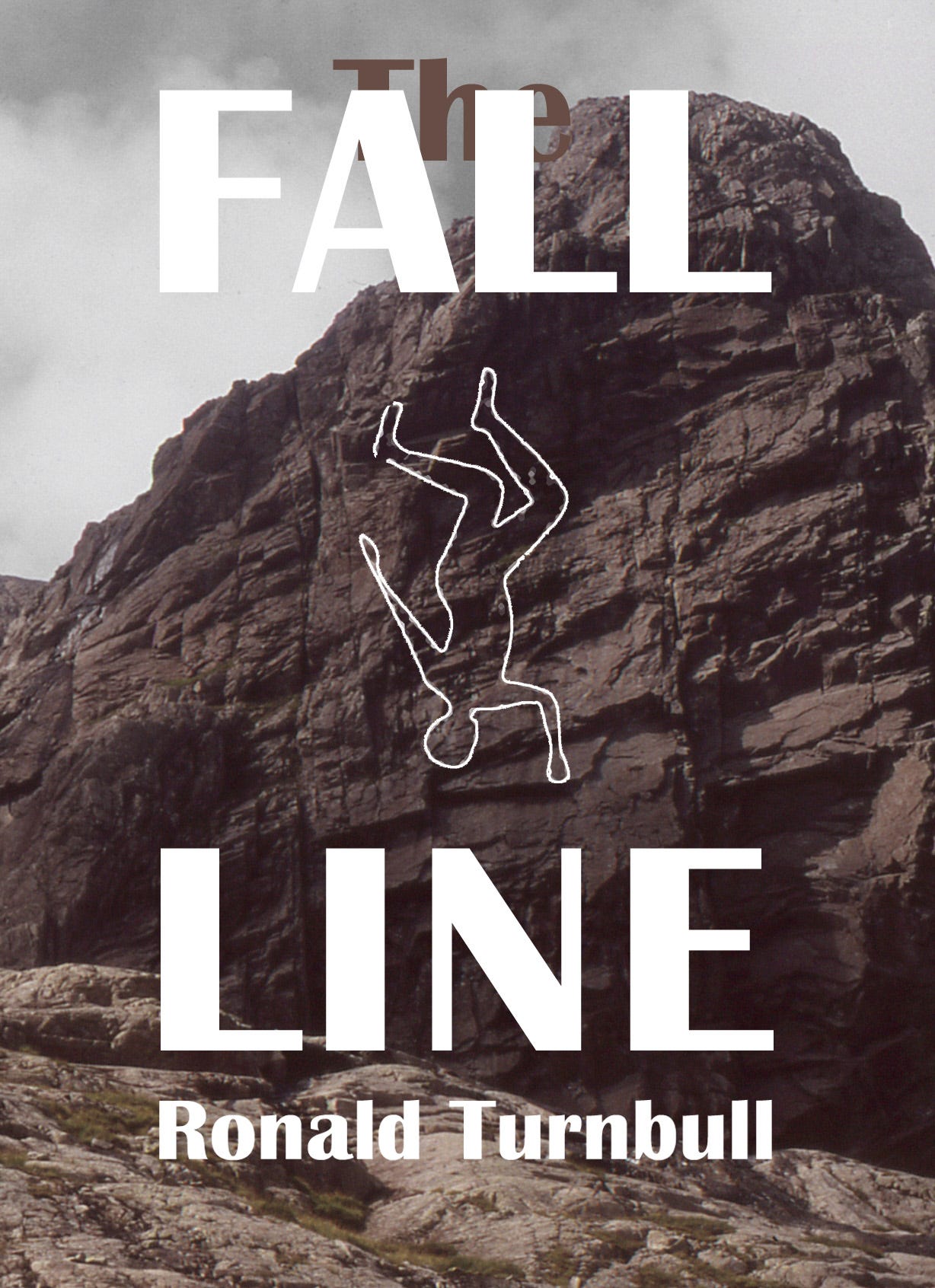 'The Fall Line' cover, large crag, falling person outline