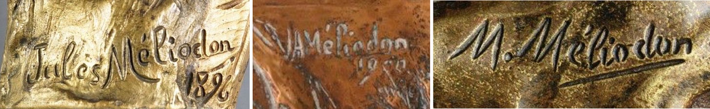 Méliodon's signatures. From left to right: Vase La Tentation du Faune (Yann Le Mouel, 2021-03-12, lot #272), plaque La République du Peuple (Côte Basque Enchères, 2021-03-27, lot #436), lamp La Métamorphose de Daphné (Aguttes, 2013-11-13, lot #38). Méliodon's signatures. From left to right: Vase La Tentation du Faune (Yann Le Mouel, 2021-03-12, lot #272), plaque La République du Peuple (Côte Basque Enchères, 2021-03-27, lot #436), lamp La Métamorphose de Daphné (Aguttes, 2013-11-13, lot #38).