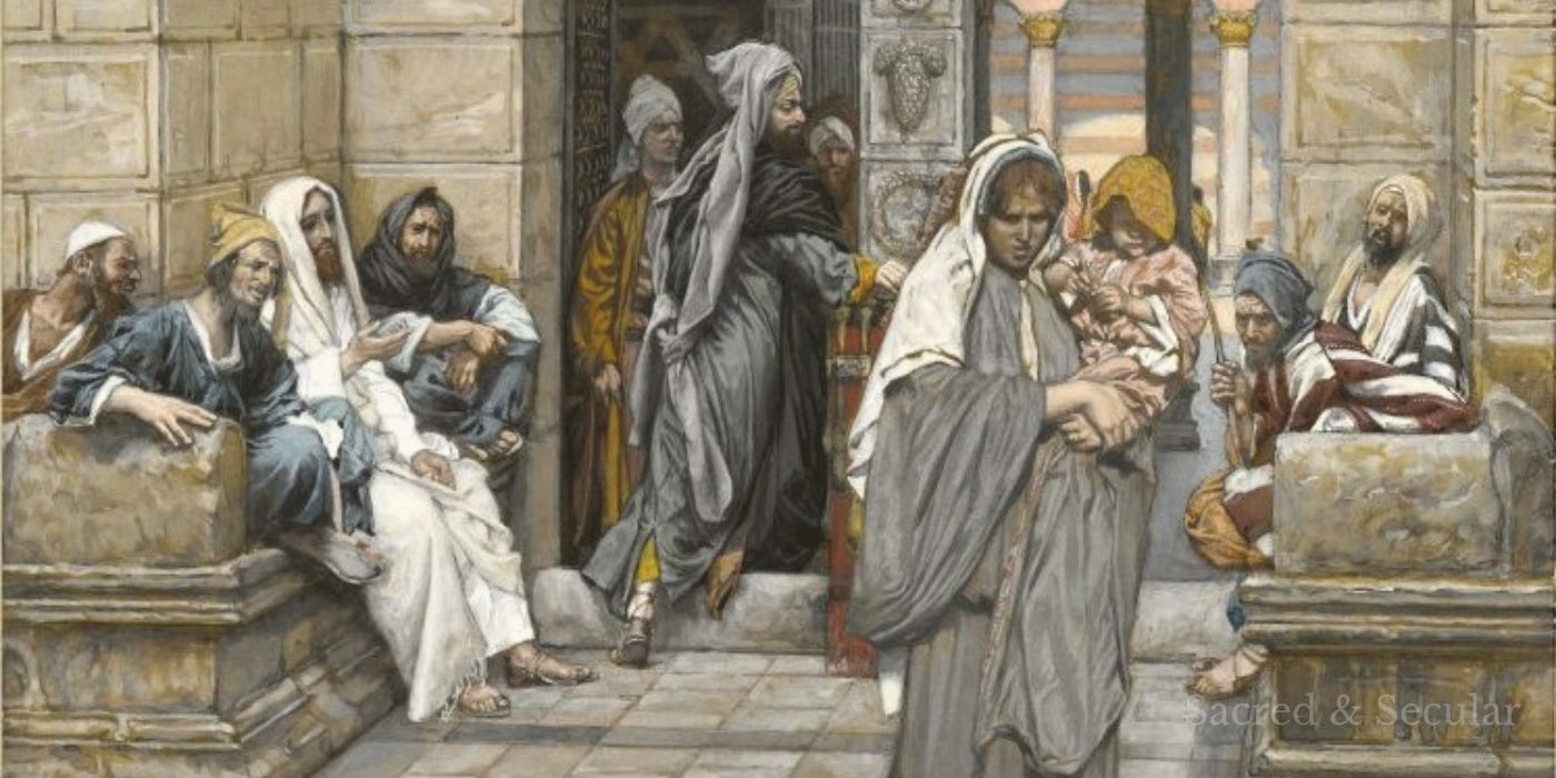 An elderly widow in simple robes places two small copper coins into the temple treasury while wealthy worshippers stand nearby, all bathed in soft golden light inside the bustling courts of ancient Jerusalem.