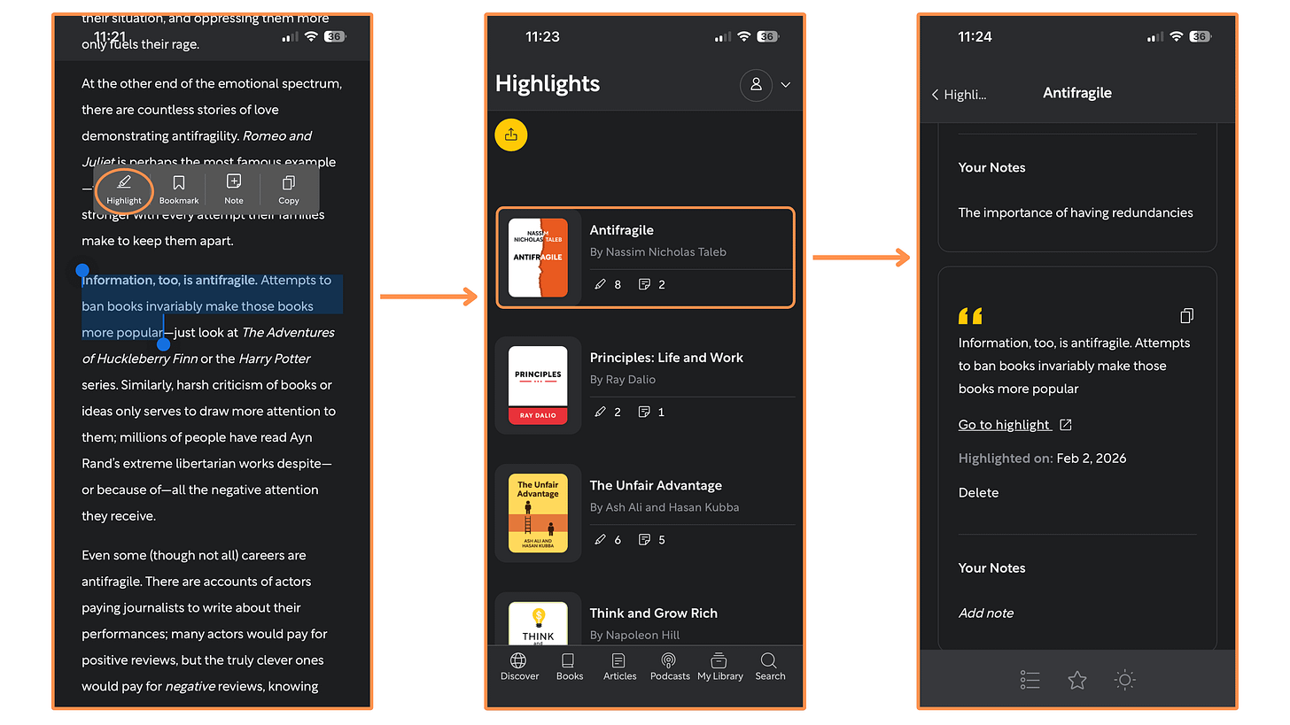 My highlights and notes on Shortform (mobile app + dark mode)