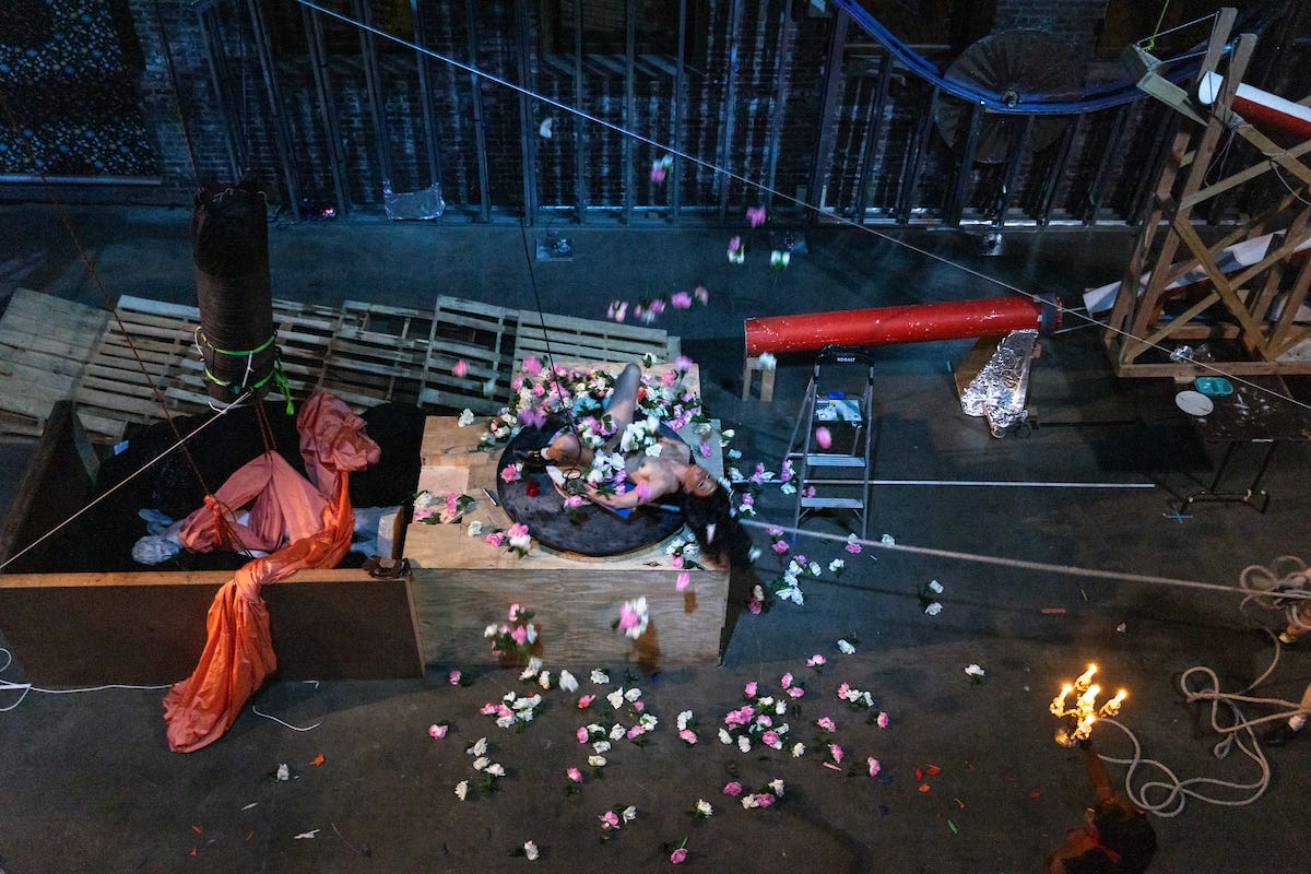Narcissister lies on her back on a wooden platform with pink and white flowers strewn across her naked body and the floor. The camera looks down on her from above. Narcissister lies on her back on a wooden platform with pink and white flowers strewn across her naked body and the floor. The camera looks down on her from above.