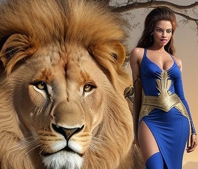 Funny goofy faced young woman next to a beautiful lion.