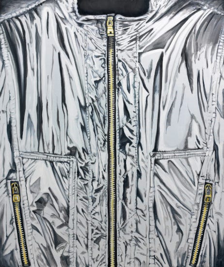 Peinture hyperréaliste d'un bomber femme de couleur argentée, presque métallique
