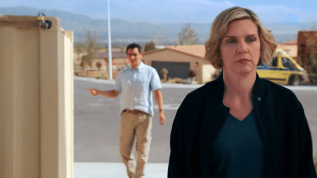 Carol Sturka (Rhea Seehorn) tells Manousos Oviedo (Carlos-Manuel Vesga) what's in the box in "Pluribus" S1E9.