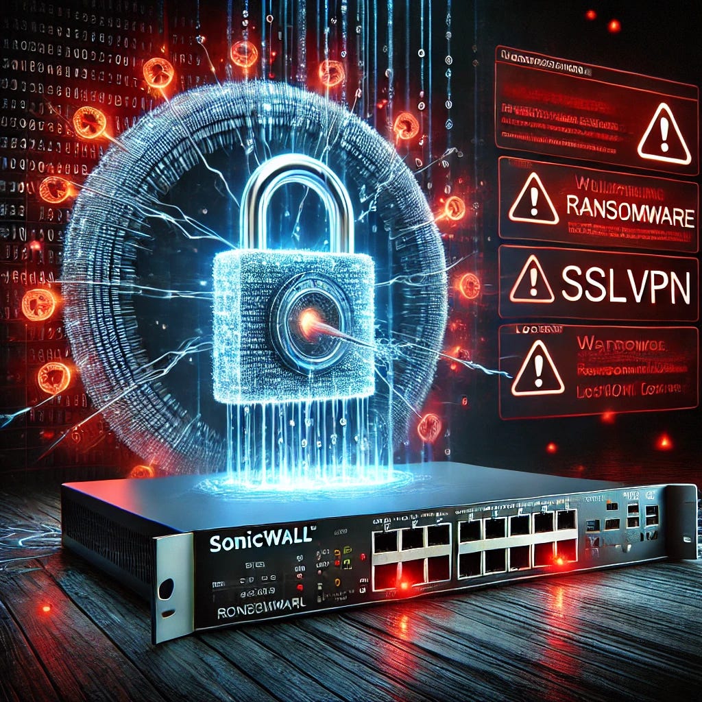 A detailed image representing a critical cybersecurity breach. A SonicWall firewall device with a vulnerability being exploited by hackers, symbolized by a digital lock being broken with ransomware code flowing out. The background shows a dark environment with glowing code, signifying an attack in progress. Red warning symbols flash on a network dashboard in the background, with SSLVPN login screens visible. This image is intended to visually capture the concept of a serious network breach and ransomware threat tied to SonicWall devices.