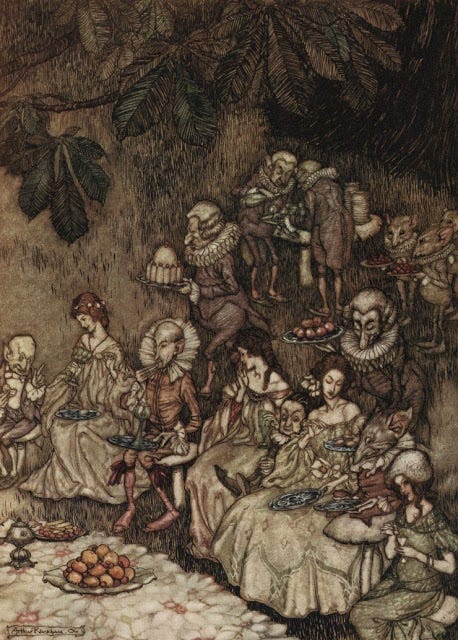 Arthur Rackham, the fairies sit round on mushrooms, Peter Pan in Kensington Gardens, 1906 Arthur Rackham, the fairies sit round on mushrooms, Peter Pan in Kensington Gardens, 1906