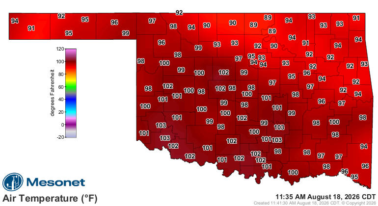 Map of latest Oklahoma Mesonet air temperature observations. Map of latest Oklahoma Mesonet air temperature observations.