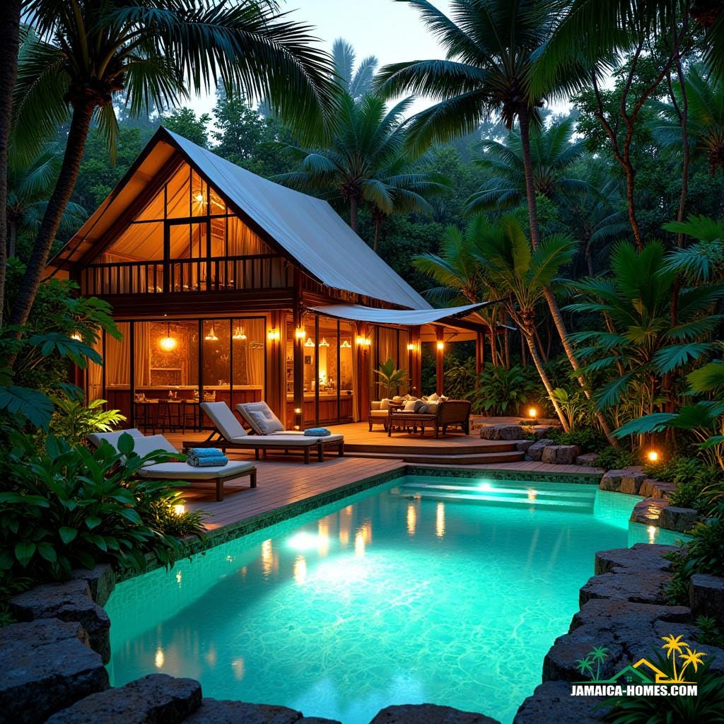 A luxurious glamping retreat in Jamaica, surrounded by lush tropical foliage, with a sparkling swimming pool as the centerpiece, evoking a sense of serenity and relaxation.