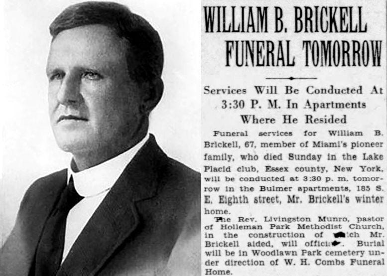 Composite of William Brickell III and his obituary notice in the Miami Herald on September 9, 1931.