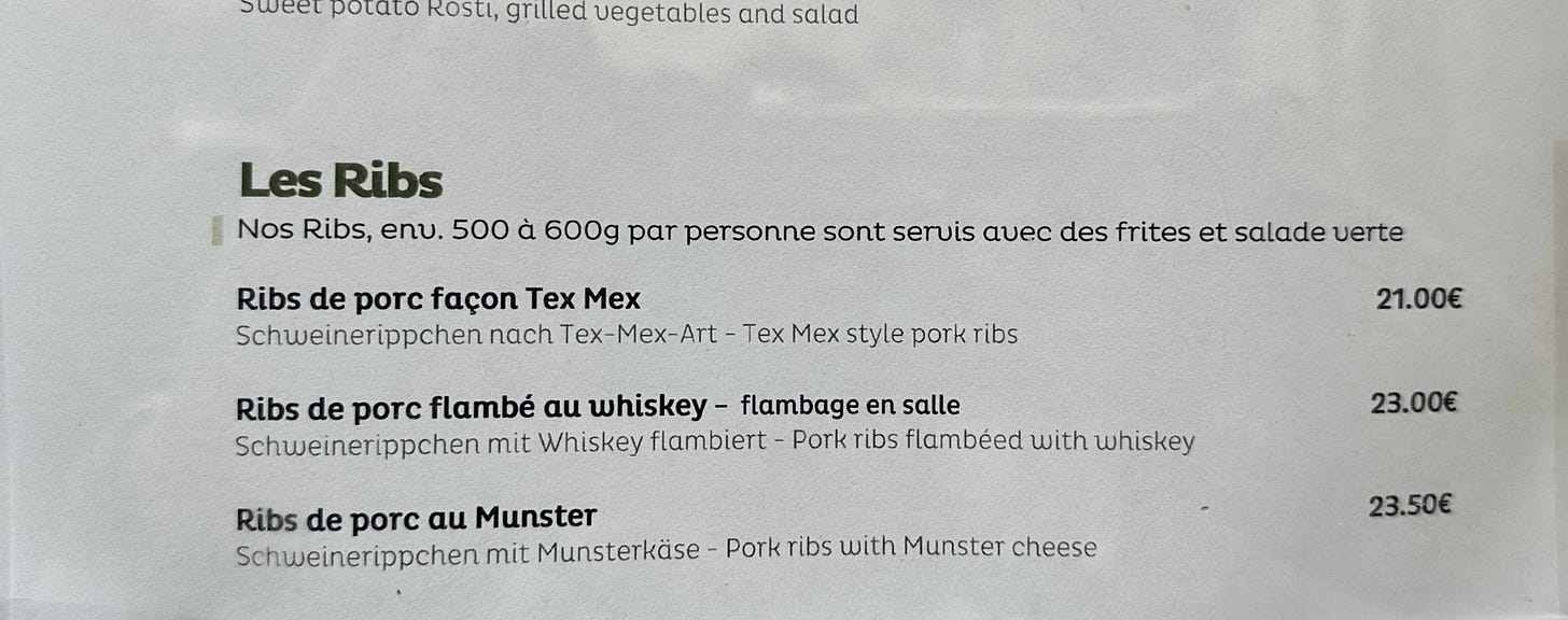 menu for ribs in Strasbourg, France