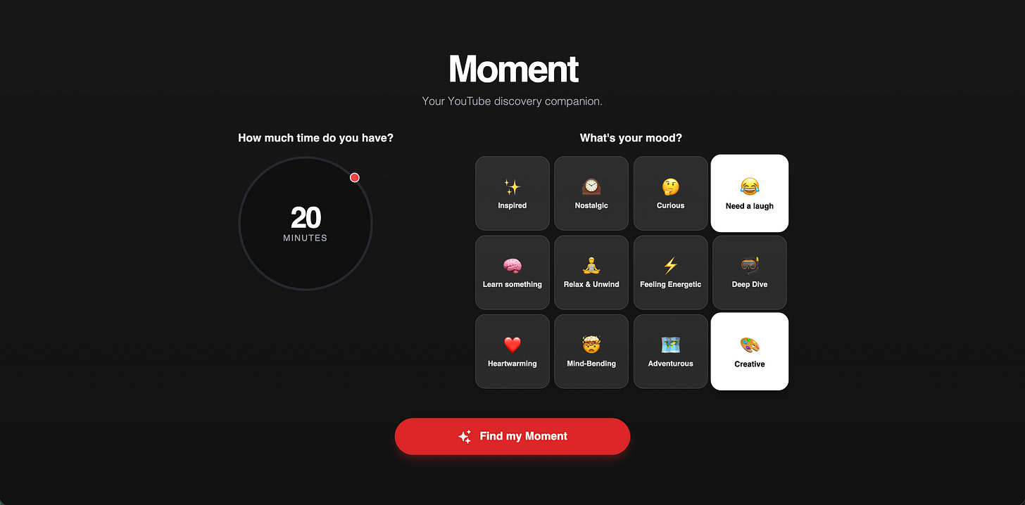 A screenshot of the 'Moment' app homepage featuring a circular time dial set to 20 minutes and a grid of mood buttons like 'Inspired' and 'Need a laugh'.