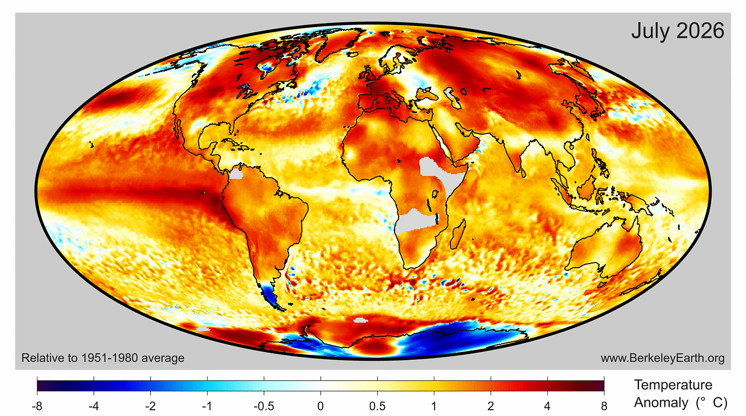 July 2026 surface temperature anomaly map