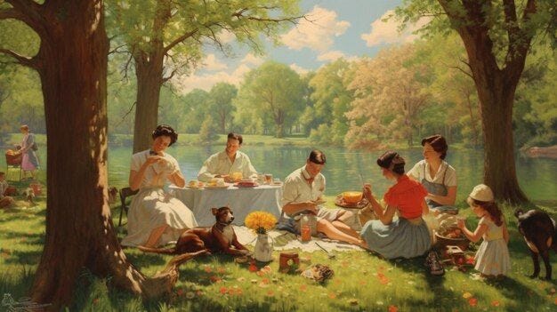 This may contain: a painting of people sitting at a picnic table in the grass near trees and water