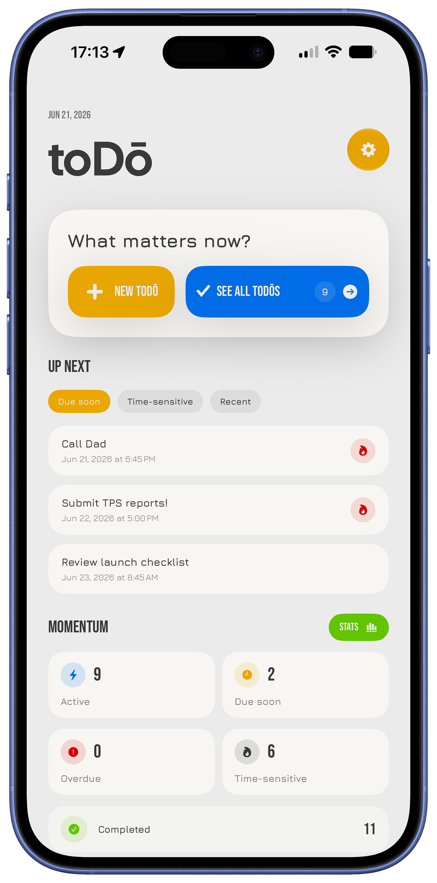 toDō Home screen on iPhone showing the prompt “What matters now?”, buttons to create or view toDos, upcoming tasks, and momentum summaries for active, due-soon, overdue, time-sensitive, and completed work.