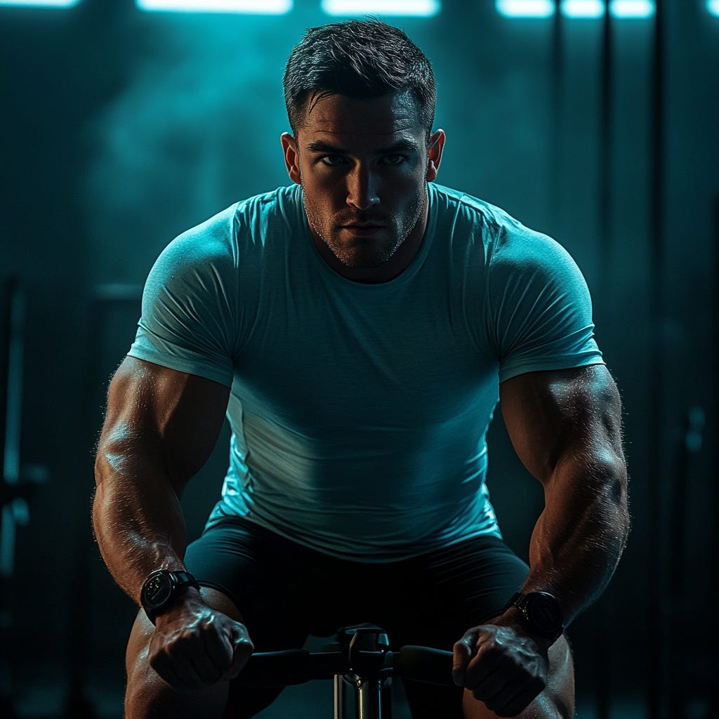 Fit man wearing blue doing short aerobic HIIT Sessions on an exercise bike.