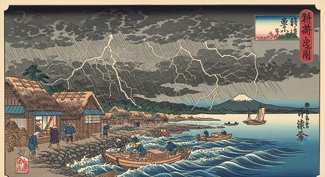 "Hand‑painted ukiyo‑e woodblock print of a thunderstorm approaching a small fishing village, traditional Japanese color palette." - by GPT-4o, Imagen 4, and Seedream 3.0 image models