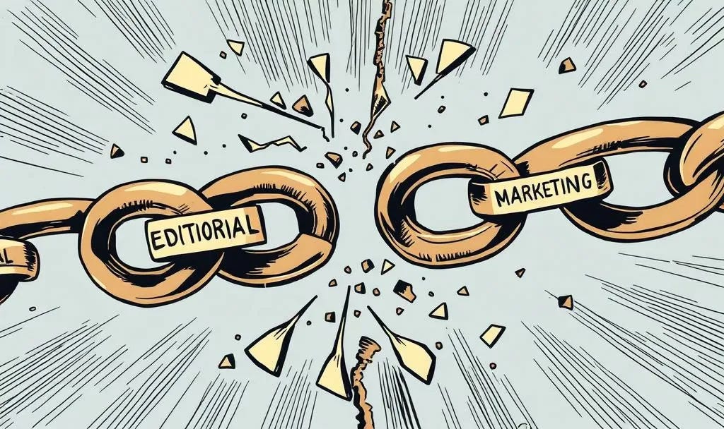 Illustration of a broken chain with links labeled "Editorial" and "Marketing" separated by an explosion, representing disconnected newsroom departments Illustration of a broken chain with links labeled "Editorial" and "Marketing" separated by an explosion, representing disconnected newsroom departments