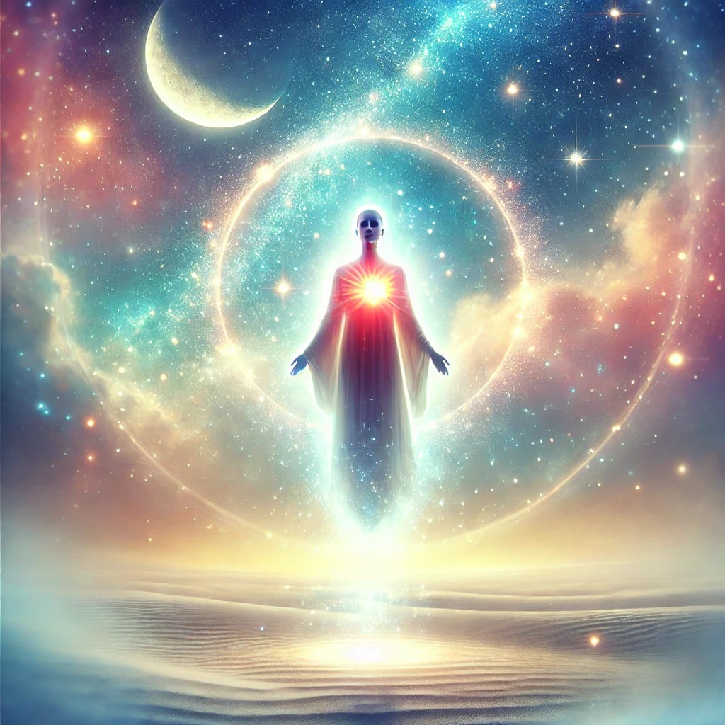 A serene depiction of a person levitating with light radiating from their heart in a celestial backdrop. The cosmic setting features glowing stars, a crescent moon, and ethereal colors symbolizing death prediction in astrology. The scene conveys cosmic mystery and spiritual enlightenment, aligned with Parasara's teachings. The image is part of an article titled Death Prediction in Astrology: Exploring Techniques and Myths (Part 1) authored by Anish Prasad and published at astrojagriti.substack.com