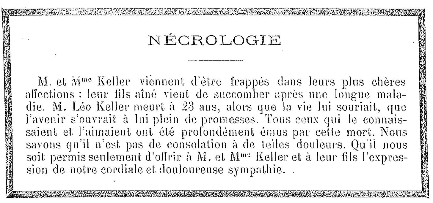 Léo Keller's obituary in L'Éducation sociale, bulletin of the Université populaire de Nancy, December 1905. Léo Keller's obituary in L'Éducation sociale, bulletin of the Université populaire de Nancy, December 1905.