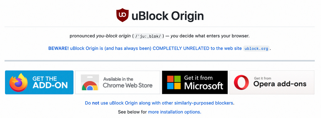 Capture d’écran montrant les liens de téléchargement de l’extension pour les différents navigateurs