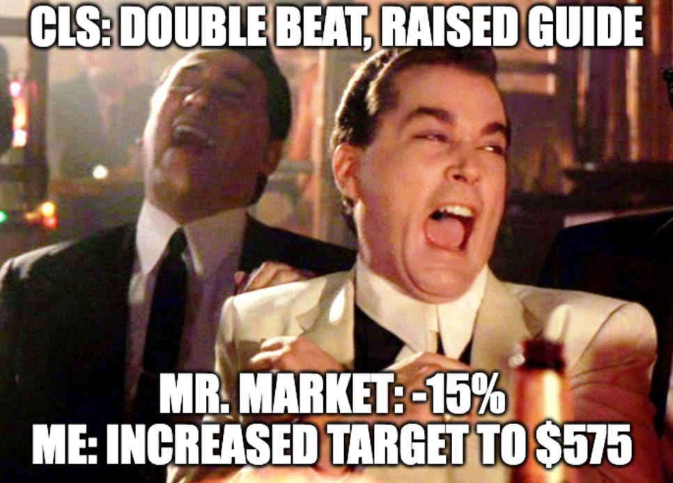 Celestica CLS stock meme reacting to Q4 2025 earnings double beat and raised guidance, investor increases price target to $575, CLS investment thesis deep dive reaction