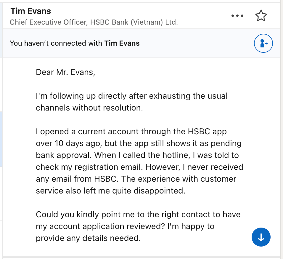 Tin nhắn gửi CEO HSBC Tim Evans trên LinkedIn nhờ xem xét đơn mở tài khoản