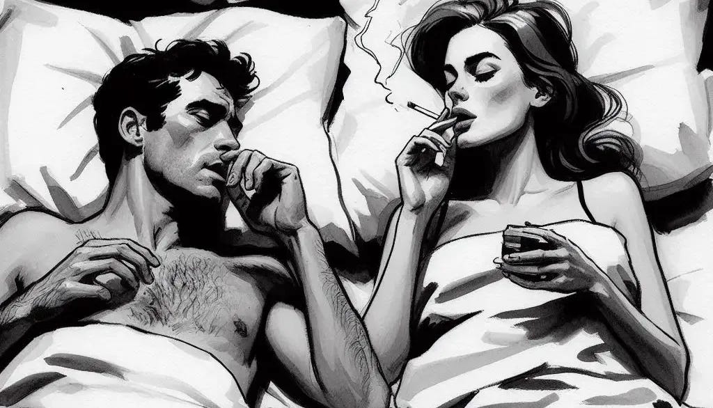 Man lying in bed with a woman smoking a cigarette in black and white ink and gouache style