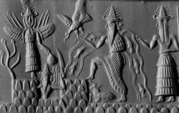 Akkadian cylinder seal dating to circa 2300 BC depicting the deities Inanna, Utu, and Enki, three members of the Anunnaki. Akkadian cylinder seal dating to circa 2300 BC depicting the deities Inanna, Utu, and Enki, three members of the Anunnaki.