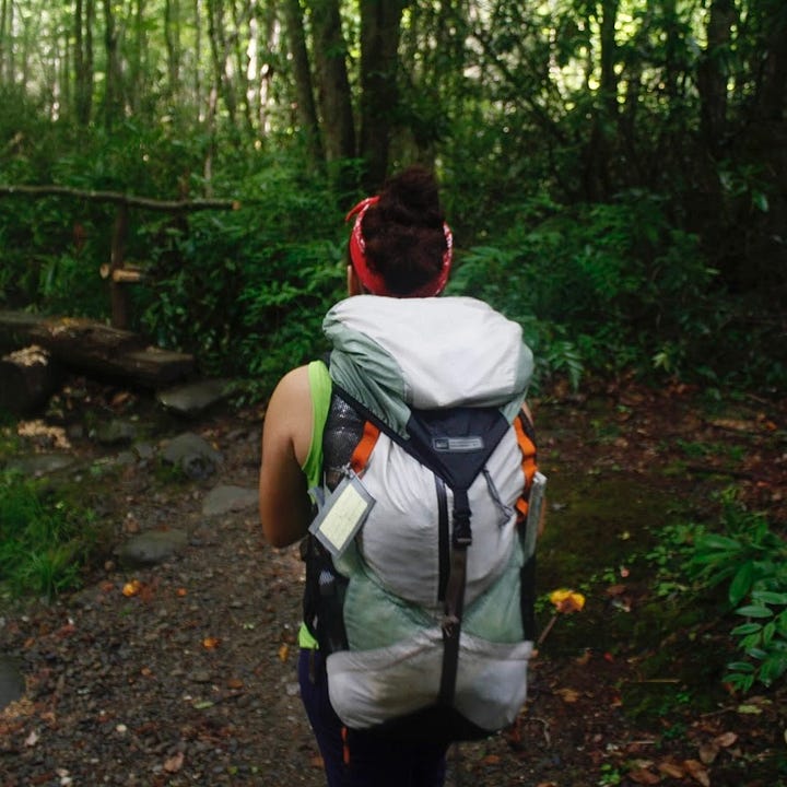 Two images show Nicole hiking through national parks. The first is of her on a heavily wooded trail in the Great Smokey Mountains, where she's warm but shaded. The second features her walking through dunes in Badlands National Park, where she felt like she was melting do death.