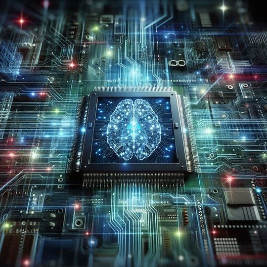 abstract representation of artificial intelligence using computer chips imagery. Image 1 of 4