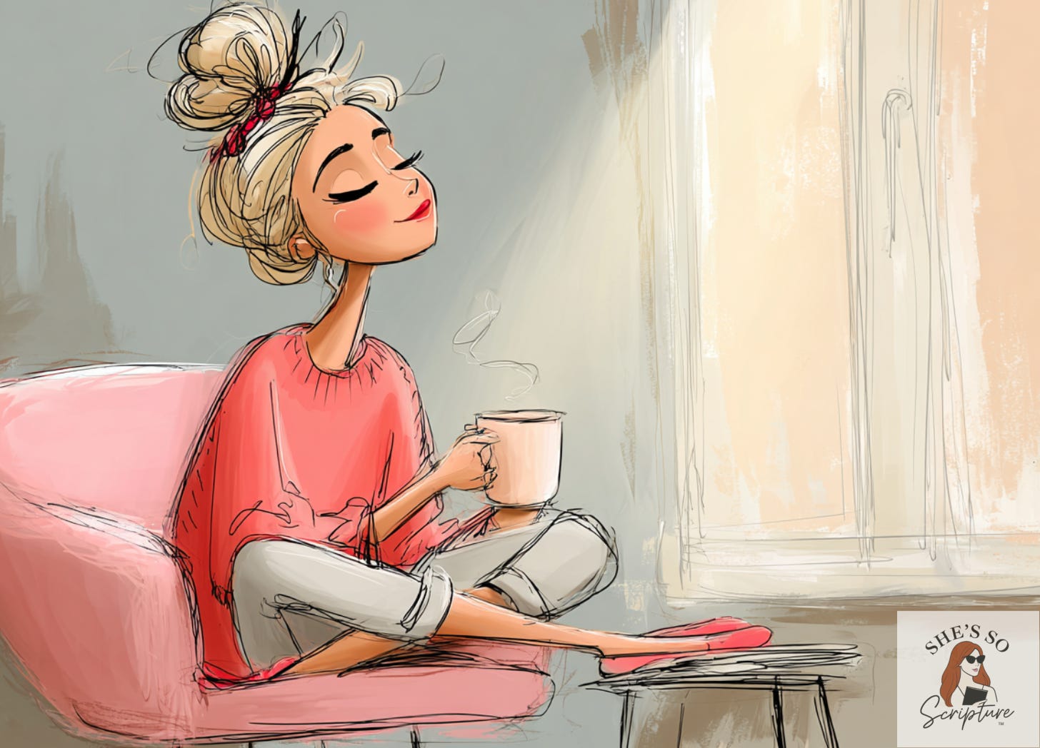 llustration of a woman sitting in a cozy chair with a warm drink, eyes closed in peaceful reflection as sunlight streams through a window, soft watercolor sketch style. llustration of a woman sitting in a cozy chair with a warm drink, eyes closed in peaceful reflection as sunlight streams through a window, soft watercolor sketch style.