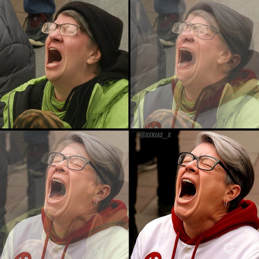 A woman with gray hair and glasses, wearing a black beanie and green jacket, shouting with an open mouth. In another image, she wears a red and white hoodie, also shouting with an open mouth. The images are arranged in a 2x2 grid, showing the same woman in different outfits and angles, expressing intense emotion. A watermark "@XERIAS_X" is visible.