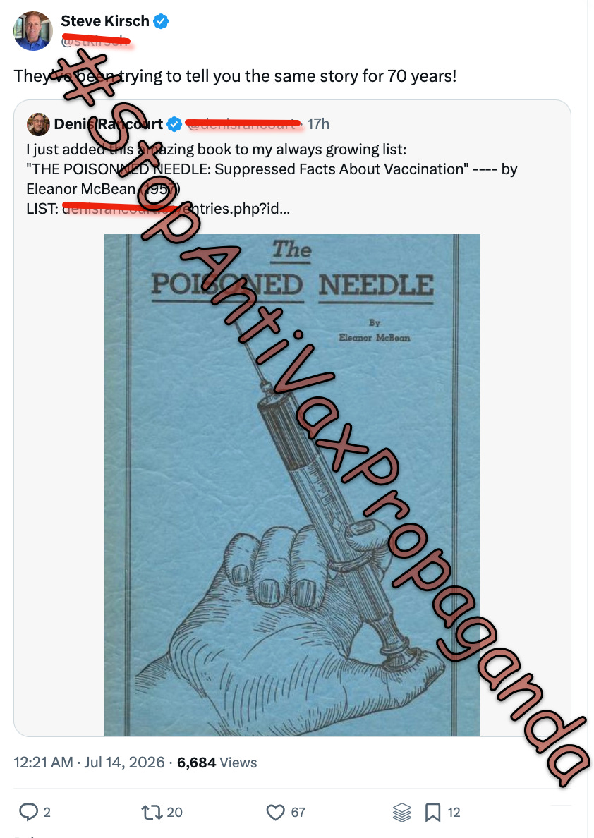 Rehashing earlier anti-vaccine arguments, The Poisoned Needle argued that vaccines have caused more harm than good, claiming they cause numerous diseases, that infectious disease mortality declined because of improved sanitation and nutrition rather than vaccination, and that medical, government, and pharmaceutical institutions suppressed evidence of vaccine harms. Rehashing earlier anti-vaccine arguments, The Poisoned Needle argued that vaccines have caused more harm than good, claiming they cause numerous diseases, that infectious disease mortality declined because of improved sanitation and nutrition rather than vaccination, and that medical, government, and pharmaceutical institutions suppressed evidence of vaccine harms.