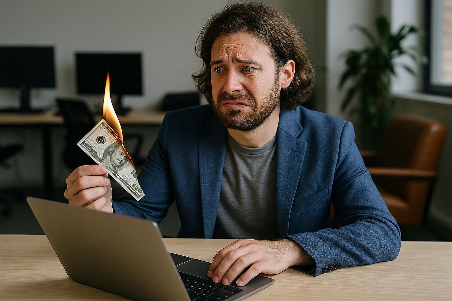 Businessman Watching Money Burn at Office Desk Businessman Watching Money Burn at Office Desk