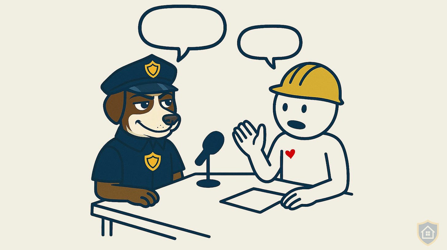 Illustration of Inspector Milo, a brown dog in navy police uniform with Construction Pulis badge, interviewing Kapwa Homeowner stick figure with yellow hard hat at a table with microphone and documents, both with empty speech bubbles above them