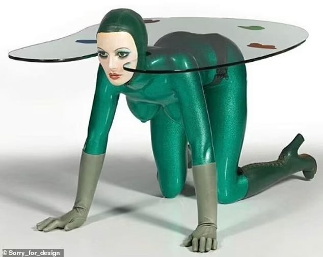 table of woman on all fours in green catsuit