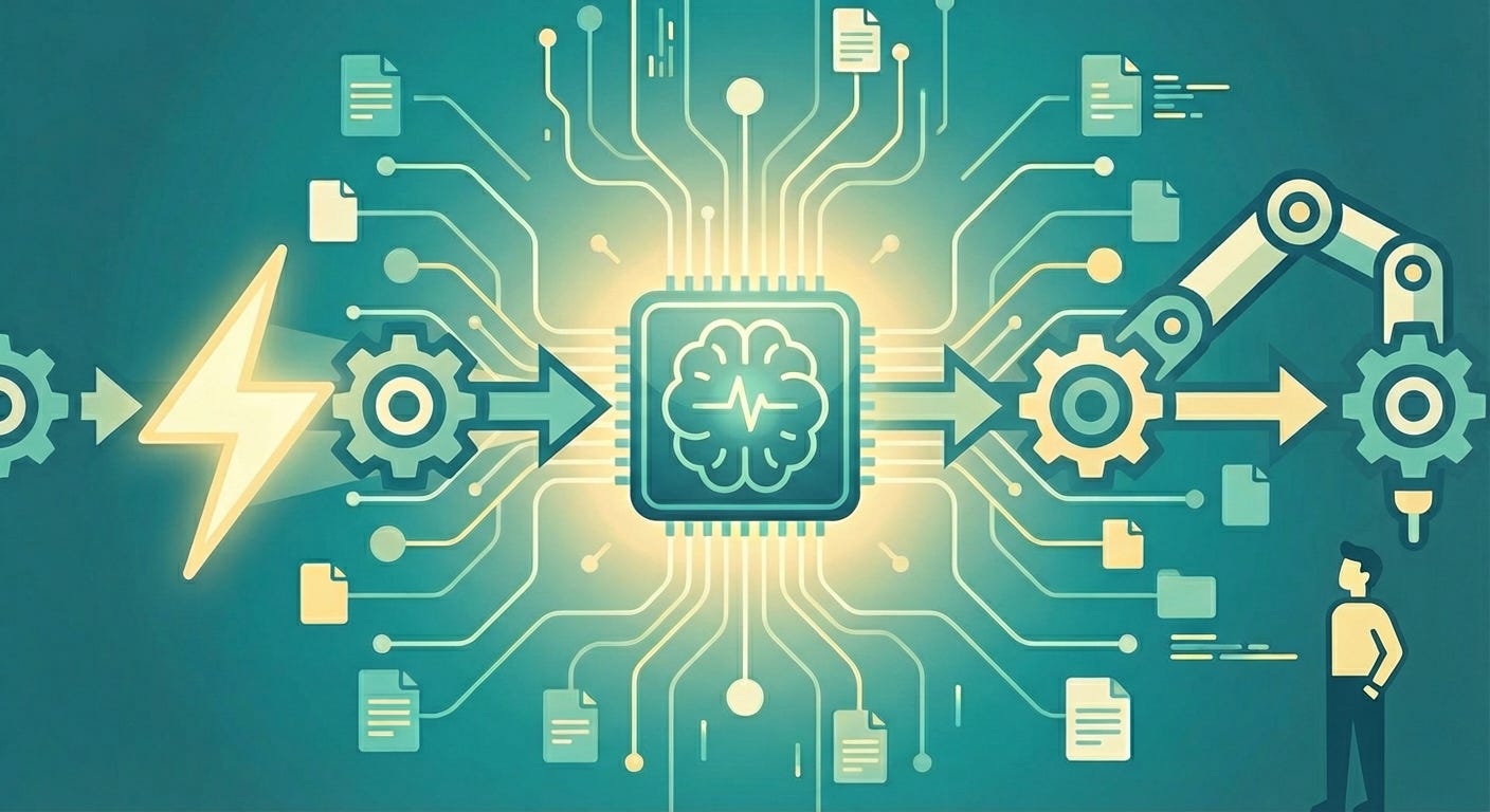 Illustration of autonomous AI agent handling tasks automatically with trigger-based workflows.