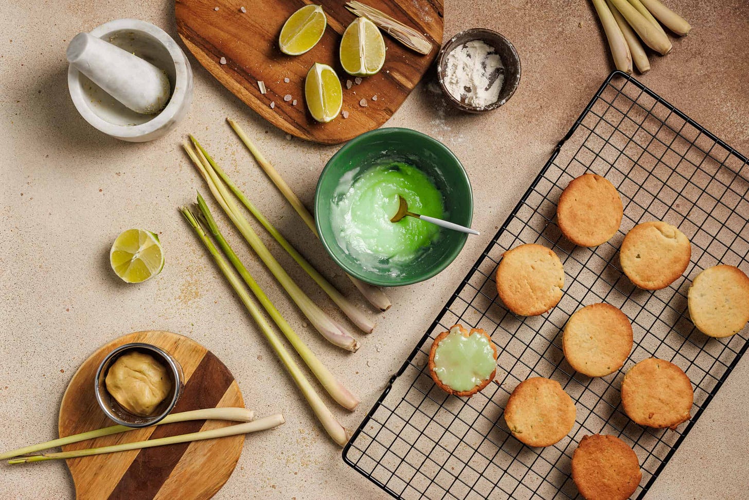 green icing is mixed and ready to add to cookie dough baked cookies. 
