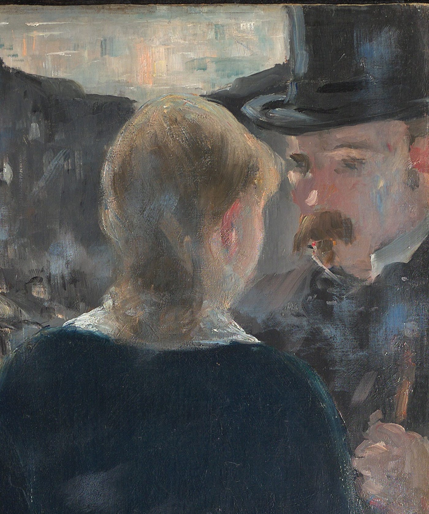 Detail of Manet's A Bar at the Folies Bergère: the barmaid's reflection in the mirror, leaning forward toward a man in a top hat who speaks to her from very close. Detail of Manet's A Bar at the Folies Bergère: the barmaid's reflection in the mirror, leaning forward toward a man in a top hat who speaks to her from very close.